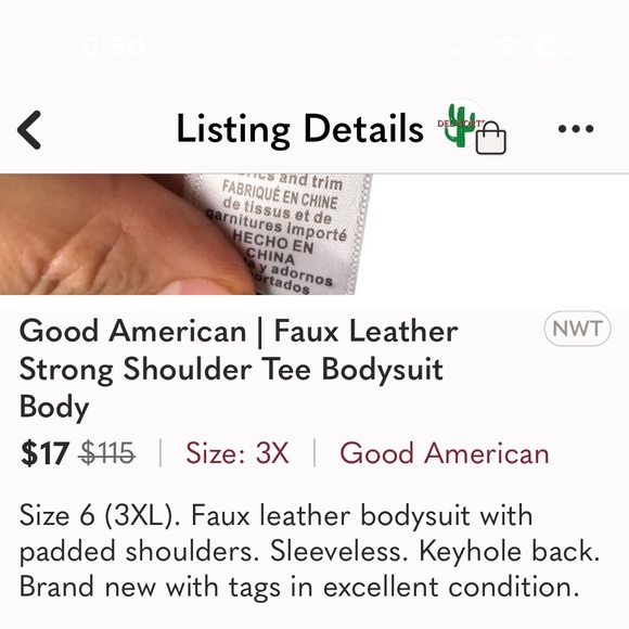 New GOOD AMERICAN l Black Faux Leather Strong Shoulder Bodysuit Tee 6 (3X) - Picture 8 of 8